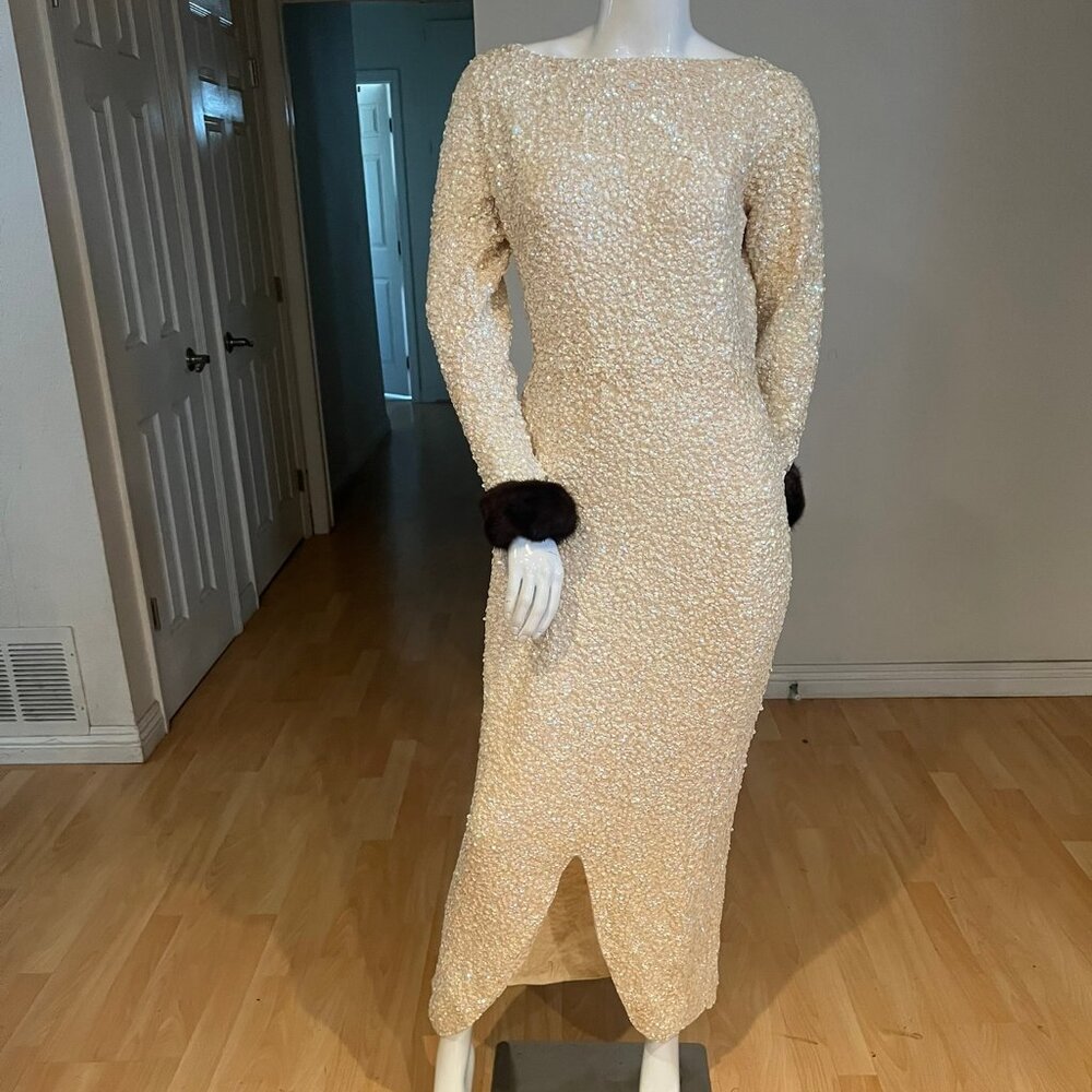 50'S VINTAGE GENE SHELLY'S BOUTIQUE SEQUIN MINK TRIM GOWN SIZE 14